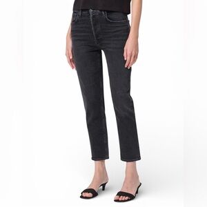 NWT AGOLDE Black Riley High Rise Straight Crop Distressed Stretch Jeans  27